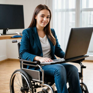 Accessibilité numériqu : une jeune étudiante en fauteuil roulant travaille avec son ordinateur portable sur les genoux.